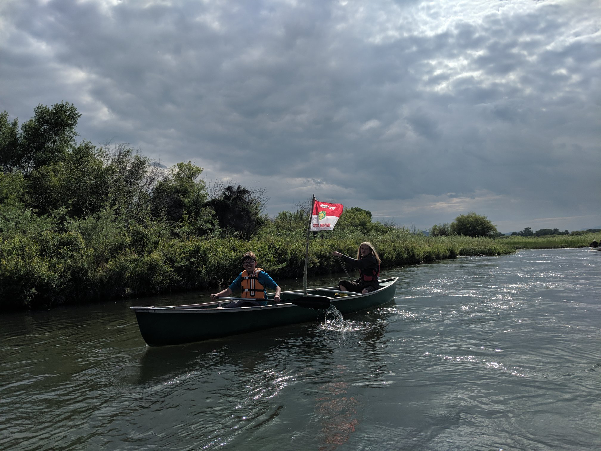 Photo Contest, Adult 3rd place: Troop 676 Canoeing on the Madison River. Jason Daughenbaugh, Scoutmaster, Troop 676, Bozeman.