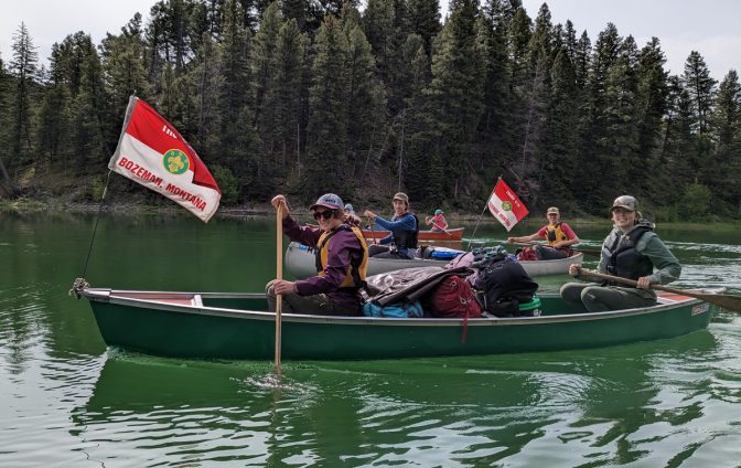 Adult
Jason Daughenbaugh
daughenbaugh@gmail.com
Bozeman, Troops 676 & 619

Eagle scouts Avery H and Ruby D of troop 619 and Eagle scouts Reder D and Coulter H of troop 676 paddle the "flagships" of their troop when canoe camping on Cliff Lake, Montana.

All scouts have given photo consent and photos can be used in marketing.
